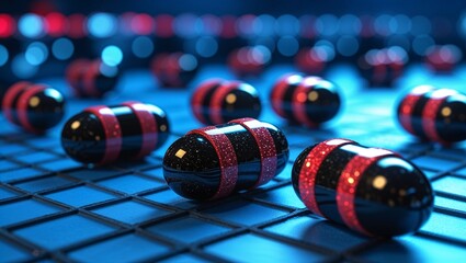A grid with black and red objects resembling pills scattered in a blue illuminated environment