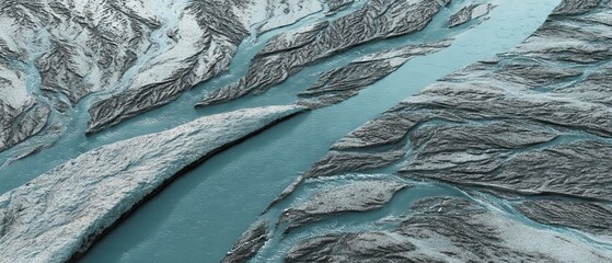 Aerial panoramic drone view of turquoise glacial braided river delta carving intricate silt channels and abstract patterns across remote alpine valley landscape, natural waterway texture background