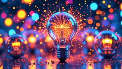 A glowing light bulb surrounded by bokeh lights and sparks on a reflective surface in a dark setting