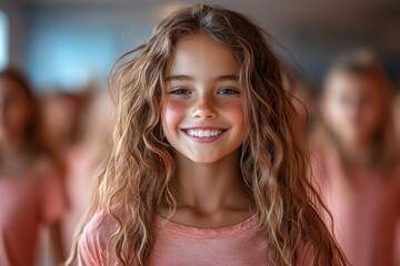 Fototapeta premium Smiling girl with curly hair stands in a group during a cheerful activity in a bright indoor setting