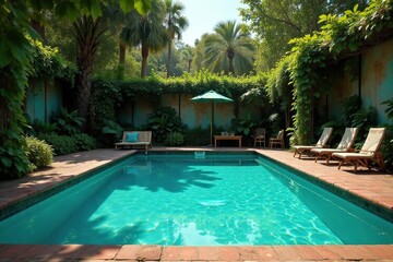 Overgrown, faded grandeur of a vintage pool, sunlight and shadows, nature, ruin