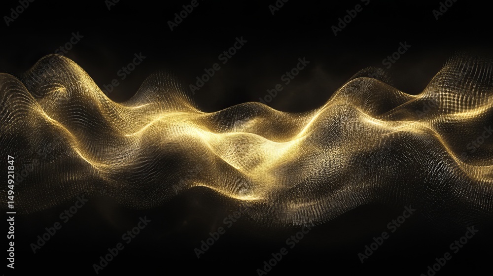 Poster golden abstract mesh surface undulating against a dark backdrop with illuminated highlights