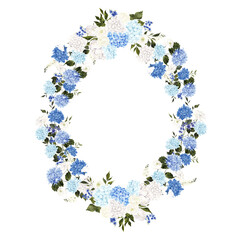 Watercolor hand draw wreath with blue hydrangea, wildflowers, isolated on white background
