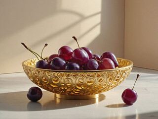A sleek golden fruit bowl on a matte white surface