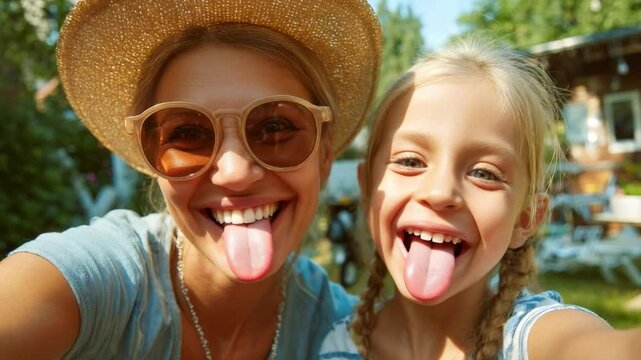 Joyful selfie: A heartwarming selfie of a mother and daughter, radiating joy as they playfully stick out their tongues, capturing a beautiful bond and cheerful moment.