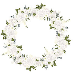 Watercolor hand draw wreath with blue hydrangea, wildflowers, isolated on white background