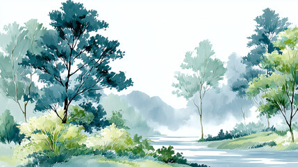 Watercolor Wind Green Forest Illustration