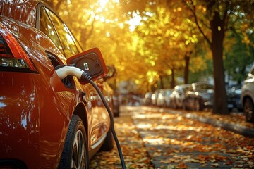 Electric vehicle charging in an autumn setting with colorful leaves on a city street
