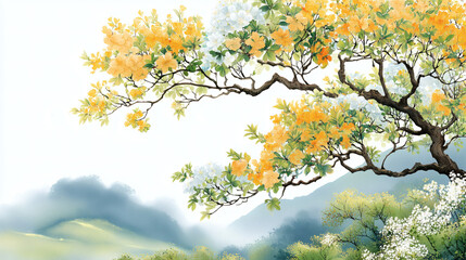 The green forest in spring blooms with flowers