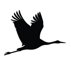 Obraz premium Black silhouette of a crane in flight against a white background