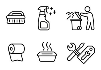 Cleaning and hygiene icons set – outline, line, sanitation and cleaning symbols