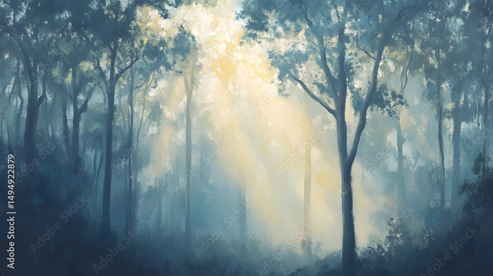 Aufkleber sunlight filtering through a misty forest, creating a sense of mystery and wonder