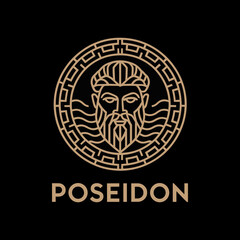 Elegant Poseidon Greek God Line Art Logo with Meander Pattern