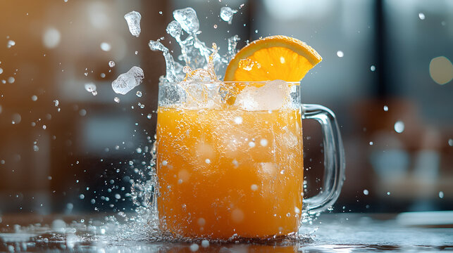 orange juice splash with ice in glass, high speed photography.