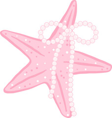 Cute Coquette Pink Starfish with Pearl Ribbon Bow Hand Drawn
