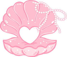Coquette Pink Seashell Open Clam Shell with Pearl Ribbon Bow Hand Drawn