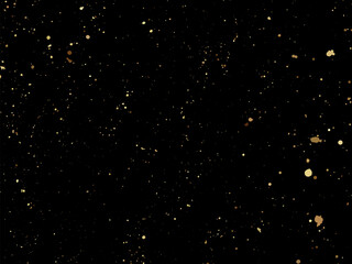 Elegant gold splatter texture on a black background. Abstract vector ink drops and glittery specks create a luxurious and festive design. Perfect for invitations, packaging, posters, branding