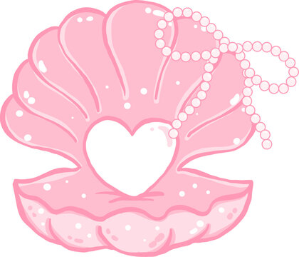 Coquette Pink Seashell Open Clam Shell with Pearl Ribbon Bow Hand Drawn