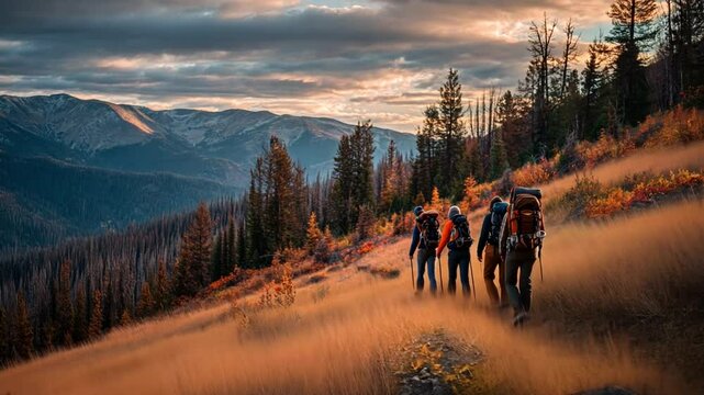 Journey through the Mountains: A group of adventurers embark on a trek through the stunning landscape, under a cloudy sky, exploring the beauty of nature with their hiking packs.