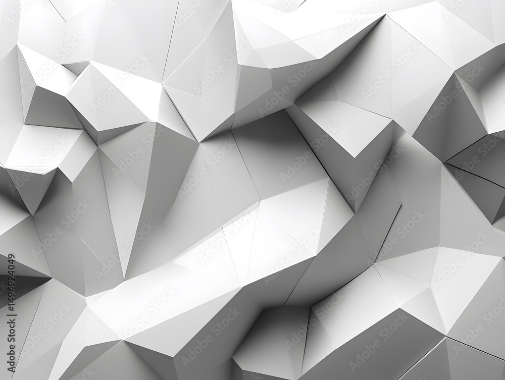 Poster an abstract geometric art with complex shapes, featuring a variety of sharp angles and textured surf