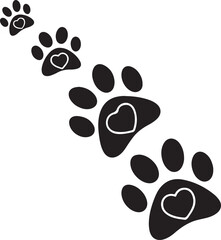 Fototapeta premium Cute pet paw print trail with heart icons – vector symbol of animal love and care