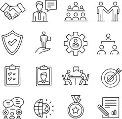 Fototapeta premium Business management and teamwork line icons set – leadership, HR, and corporate strategy symbols