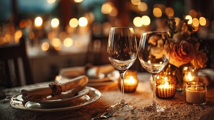 Romantic elegant dinner table setting with two wine glasses, candlelight and warm ambient glow