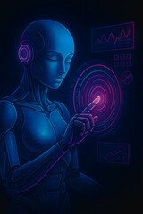 Robot Interacting with Touchscreen Interface in Futuristic Environment