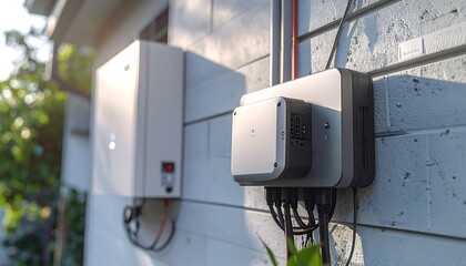 Solar Panel Inverter System Installed on a Residential Exterior Wall with Energy Savings.