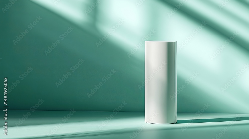 Poster white cylinder on a light green surface with shadow patterns on the wall in a studio setting