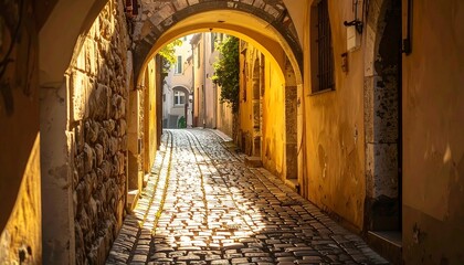 Fototapeta premium Sunlit Cobblestone Alleyway with Charming European Town.