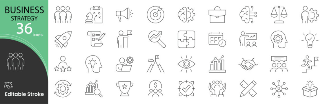 Business strategy icon set. Corporate planning and development related line icons: goal, vision, mission, growth, roadmap, target, analysis, leadership, innovation, planning, decision making and more.