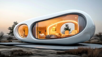 Obraz premium Futuristic, smooth, oval-shaped dwelling, bathed in warm ambient light, with expansive glass walls. Interior features cozy seating and a bed