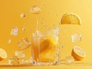 Lemonade pouring into a glass, ice cubes splashing, a lemon wedge falling, shot in motion under bright studio lighting. In yellow colors, yellow background, illustration 