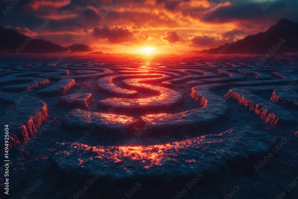 Aufkleber sunset over a labyrinthine landscape with glowing patterns and dramatic clouds in the background