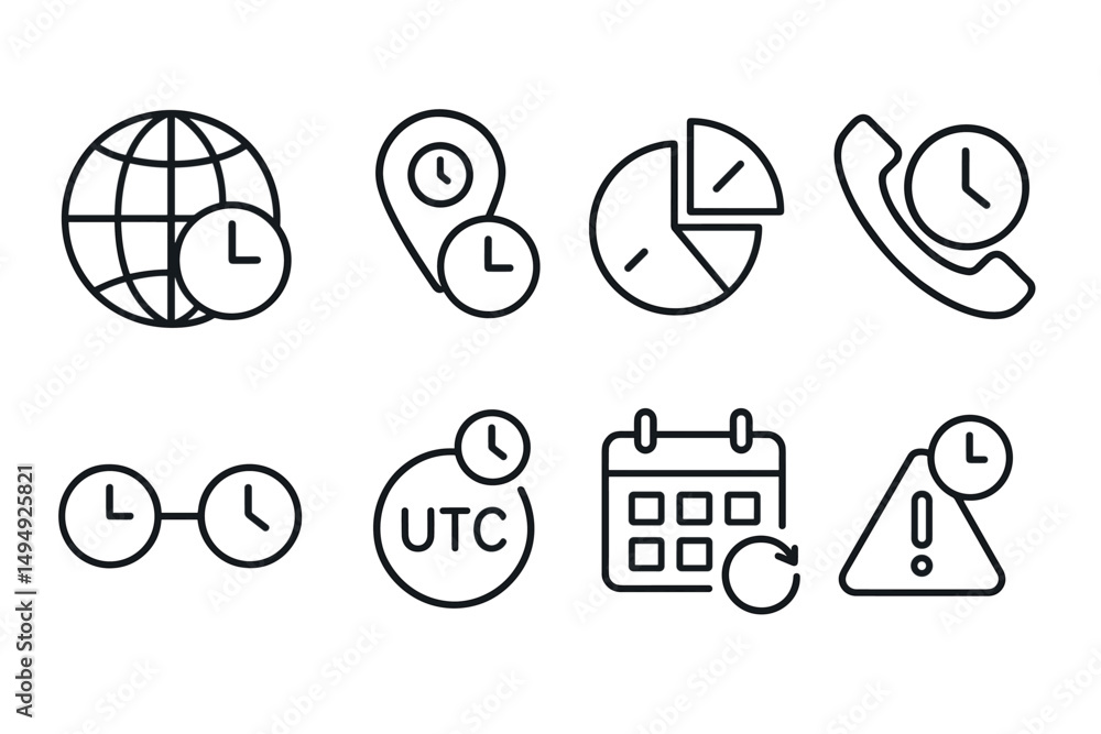Poster time management outline icons set – linear, clock, schedule and calendar symbols