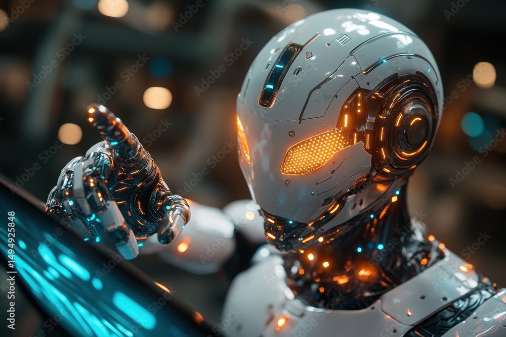 Poster futuristic robot with glowing features points towards a digital interface in a high-tech environment