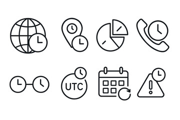 Time management outline icons set – linear, clock, schedule and calendar symbols