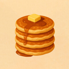 Illustration of Pancakes Drizzled with Syrup and Topped with Butter on Beige Background. Watercolour Art. Element Design. Suitable for Artwork Design.