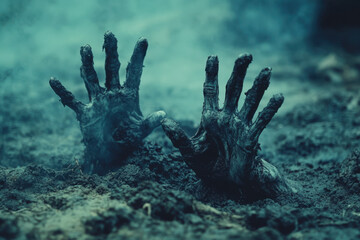 Hand reaching out of the ground in a spooky graveyard setting at dusk, fingers curling around old tombstone, creating a chilling and eerie atmosphere.