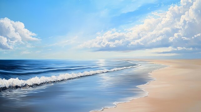 Ocean waves gently rolling onto a sandy beach under a bright blue sky with fluffy white clouds above