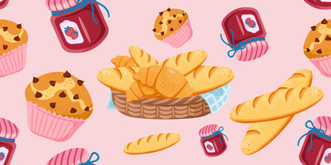 Seamless pattern of cartoon bread baskets with baguettes and croissants on a pink background. Ideal for fabric, packaging, background and paper wrapping. Vector illustration.