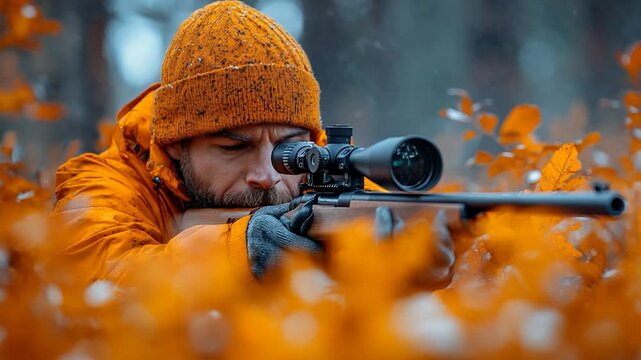 Hunter aims rifle in autumn forest