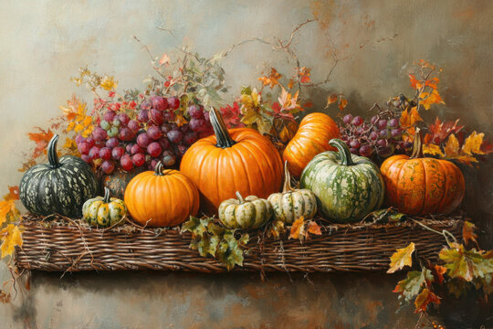 Painting of pumpkins and gourds in a basket, vibrant colors, detailed textures, warm and inviting autumn decor. - Powered by Adobe