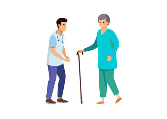 Fototapeta premium Elderly people support. Vector illustration of senior woman with walking stick and a young male nurse