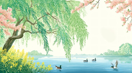 Willow branches hang down on the lake in spring