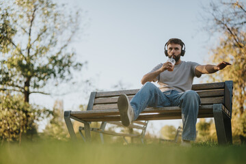 Fototapeta premium A young man enjoys a sunny day in the park, wearing headphones and sipping a beverage. The serene outdoor environment suggests relaxation and leisure time. Ideal for lifestyle and leisure concepts.