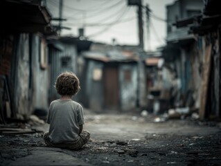 Young Boy Sitting Alone in a Gritty Urban Environment