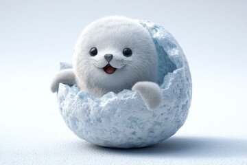 Fototapeta premium Cute baby seal emerging from a cracked egg on a snowy background