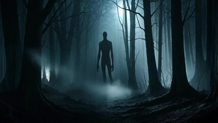Tall shadowy creature stands in foggy moonlit forest, creating eerie tension. Generative AI

